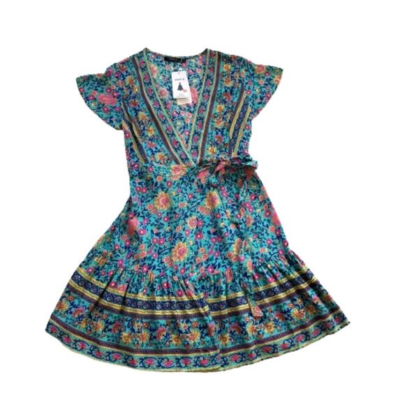 Zesica Blue Pink Floral Short Sleeve V-Neck Wrap Mini Summer Dress Small NEW - Picture 12 of 13